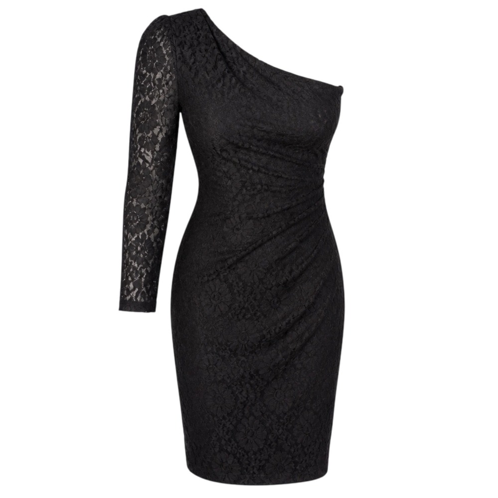 Express One Shoulder Black Dress 6 NWT Lace Ruched Bodycon Cocktail Gothcore LBD
